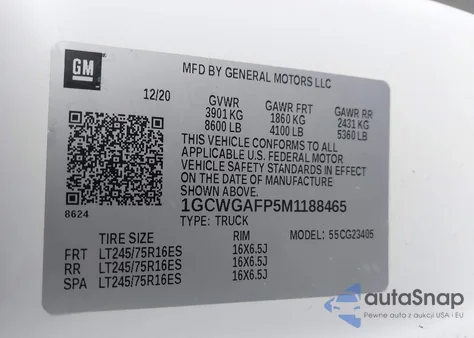 2021 Chevrolet Express Cargo Rwd 2500 Regular Wheelbase Wt из США, поврежденный, VIN 1GCWGAFP5M1188465